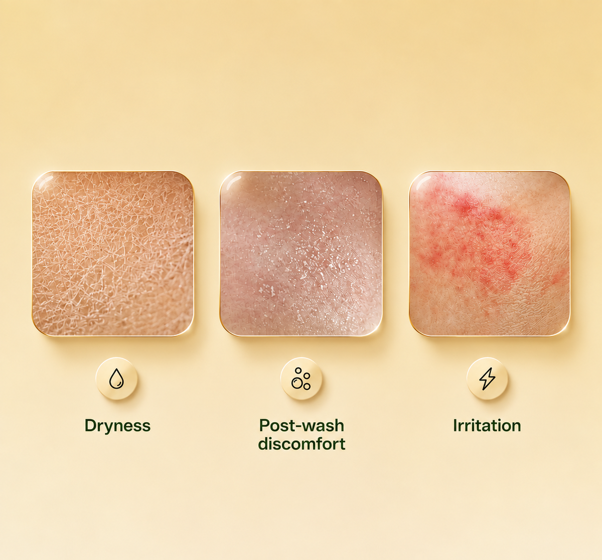 Three square close-up panels on a warm beige background show skin texture before and after treatment: dryness, post-wash discomfort, and irritation. Small circular icons with labels beneath each panel explain the condition.