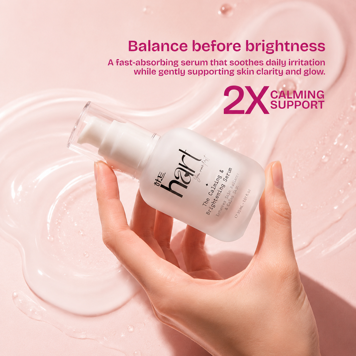 A hand holds a frosted white bottle of Onearl The Clarifying Toner against a soft pink background with liquid swirls and promotional text.