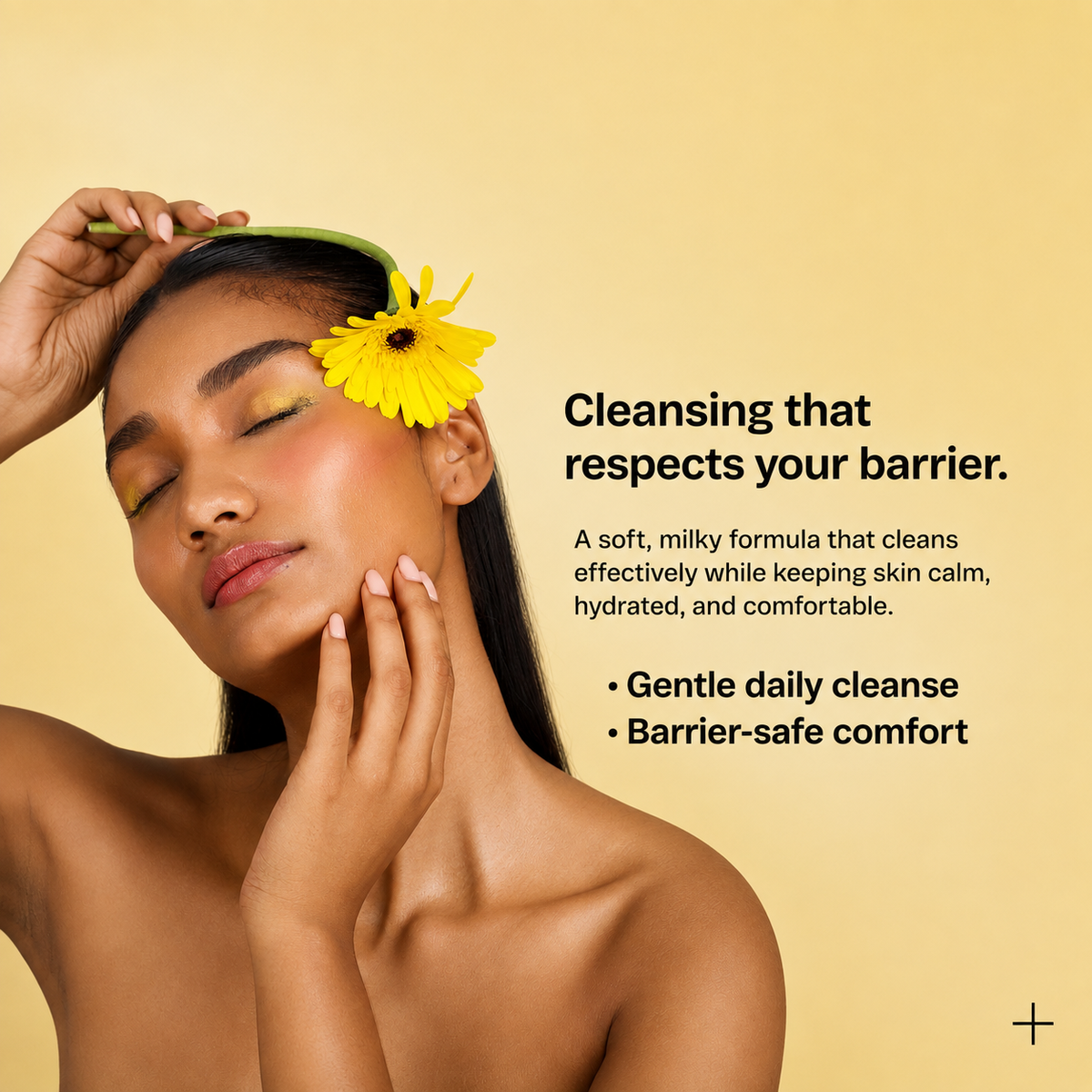 A woman with closed eyes and a yellow flower in her hair is shown against a warm beige background with promotional text about a gentle cleansing formula. No physical product container is visible.